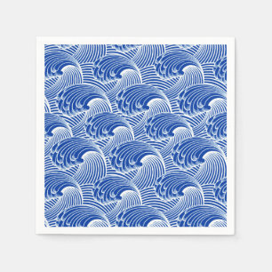 Servilleta De Papel Ondas japonesas vintage, azul cobalto y blanco