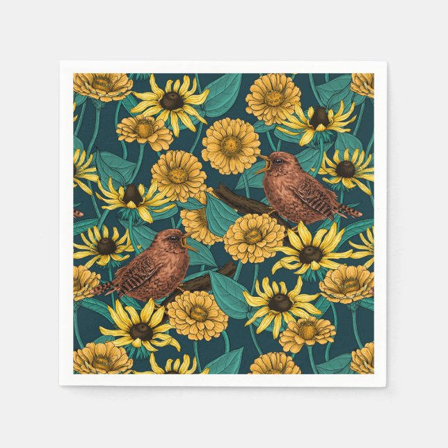 Servilleta De Papel Ondas y flores en azul oscuro (Anverso)