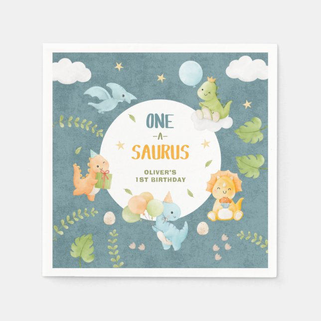 Servilleta De Papel One-A-Saurus Dinosaur 1st Birthday Party (Anverso)