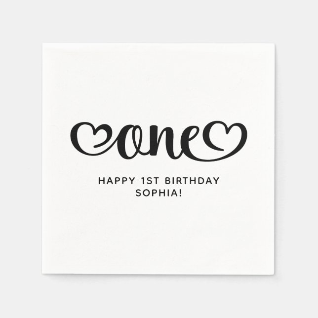 Servilleta De Papel One Cute Hearts Script Primer Cumpleaños (Anverso)