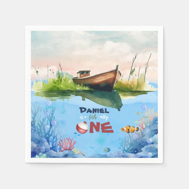 Servilleta De Papel One Fishing One Pescador One Birthday Paper Napkin (Anverso)