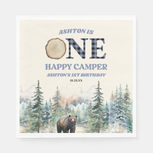 Servilleta De Papel ONE Happy Camper Bear Blue Primer Fiesta de cumple