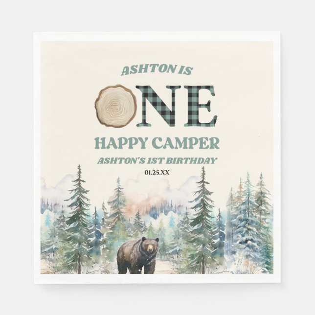 Servilleta De Papel ONE Happy Camper Bear Primer Fiesta de cumpleaños (Anverso)