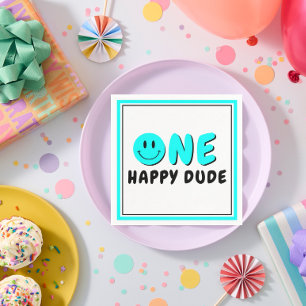 Servilleta De Papel One Happy Dude Fiesta de cumpleaños Blue Smiley