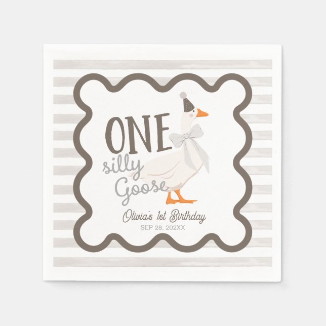 Servilleta De Papel One Silly Goose Beige Bow 1st Birthday (Anverso)
