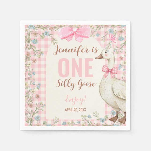 Servilleta De Papel One Silly Goose Birthday Pink Gingham  (Anverso)