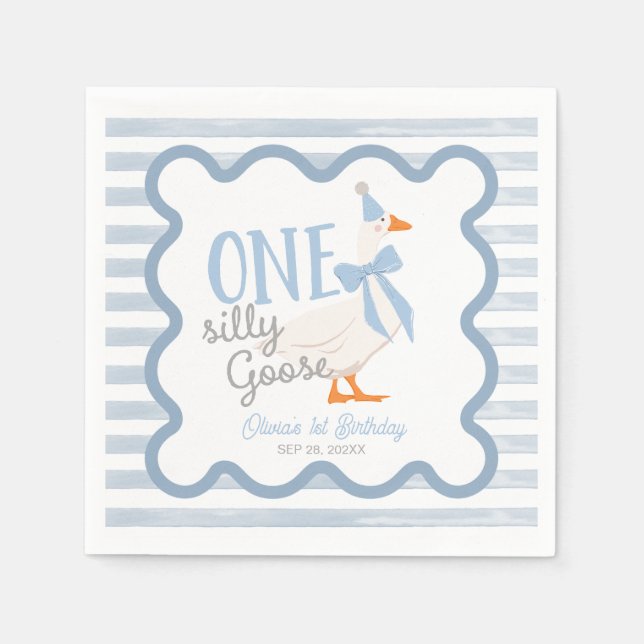 Servilleta De Papel One Silly Goose Blue Bow 1st Birthday (Anverso)