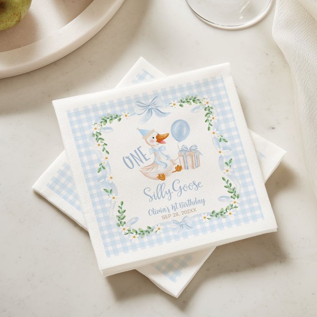 Servilleta De Papel One Silly Goose Blue Bow Floral 1st Birthday (Subido por el creador)