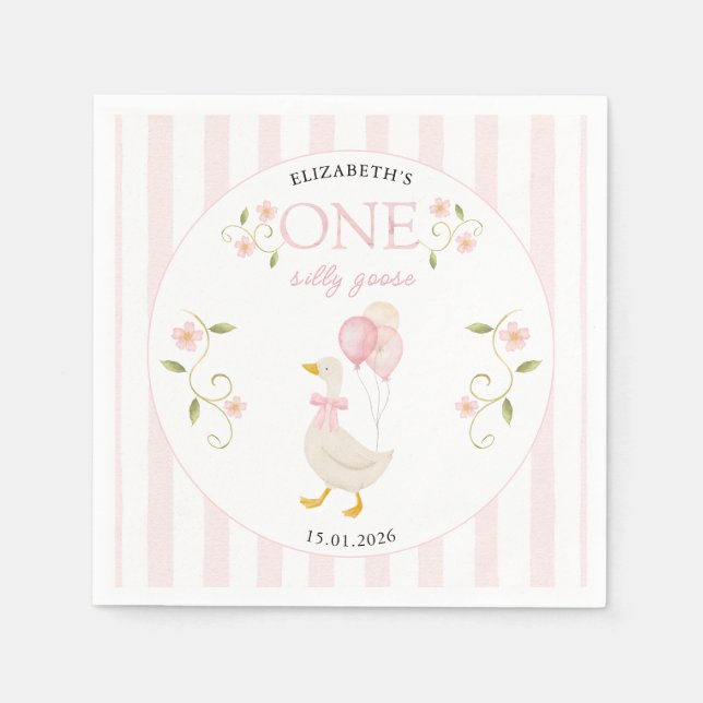 Servilleta De Papel One Silly Goose Girl 1st Birthday Pink (Anverso)