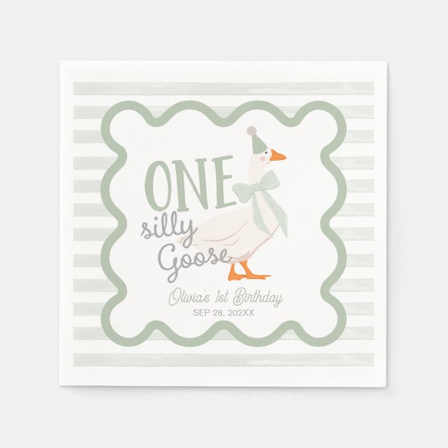 Servilleta De Papel One Silly Goose Green Bow 1st Birthday (Anverso)
