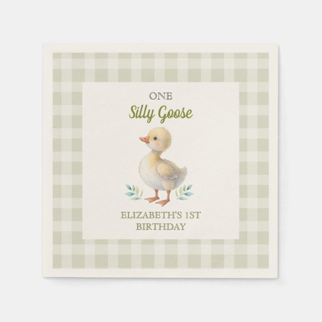 Servilleta De Papel One Silly Goose Green Gingham Baby First Birthday (Anverso)