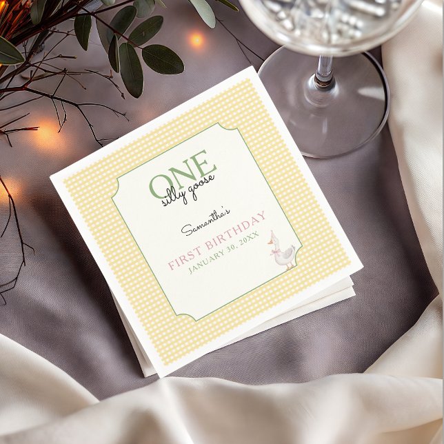 Servilleta De Papel One Silly Goose Pink and Gingham 1st Birthday (Silly Goose Birthday Party Napkin)