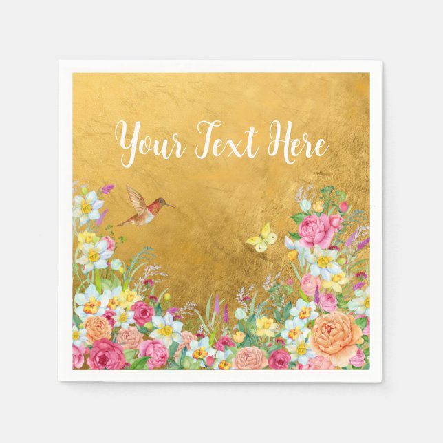 Servilleta De Papel Opulence Gold Floral Hummingbird (Anverso)