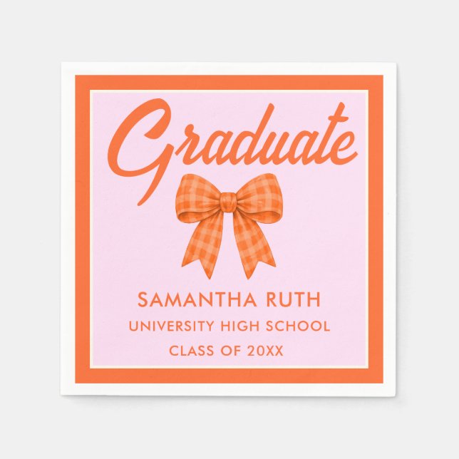 Servilleta De Papel Orange Gingham Bow Graduation Party (Anverso)