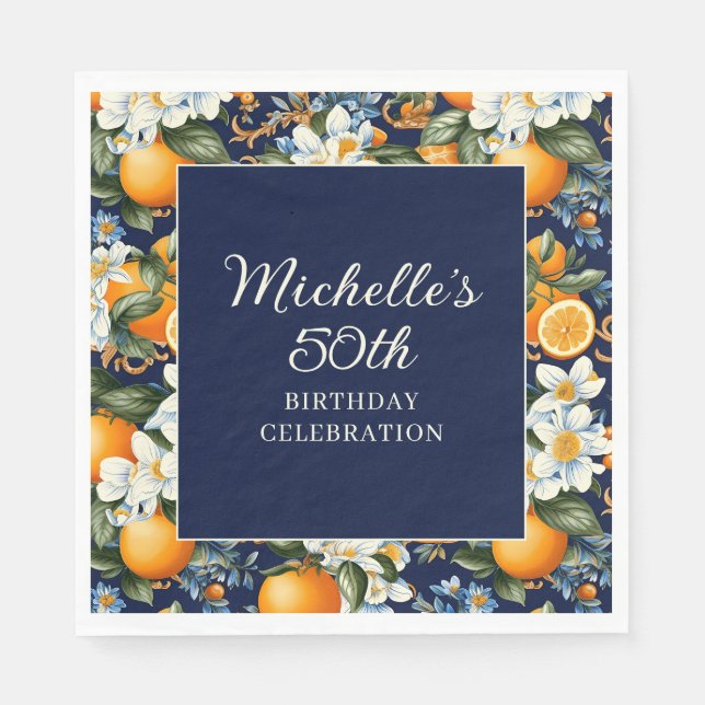 Servilleta De Papel Oranges White Flowers Navy Blue Birthday Welcome (Anverso)
