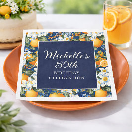 Servilleta De Papel Oranges White Flowers Navy Blue Birthday Welcome