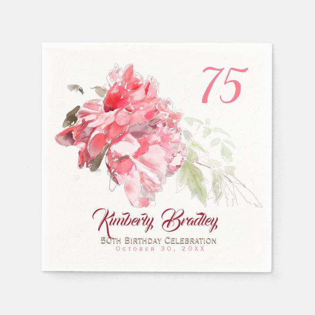 Servilleta De Papel Original Peony acuadoles 75th Birthday Party PN (Anverso)