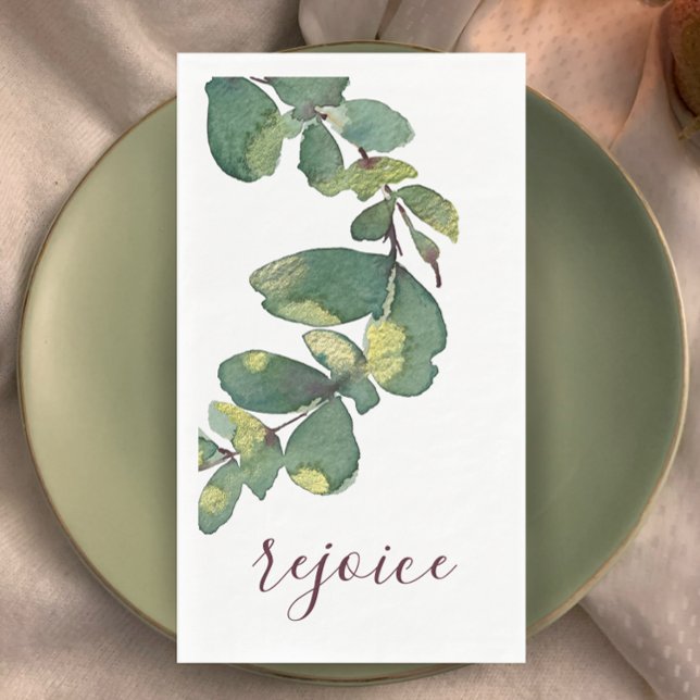 Servilleta De Papel Original Watercolor Greenery Custom Christmas (Original watercolor greenery Christmas napkin. Modern custom script rejoice. Eucalyptus and wine.)