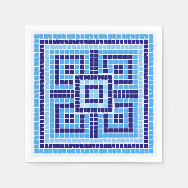 Servilleta De Papel Ornamento de mosaico griego - tonos azules (Anverso)