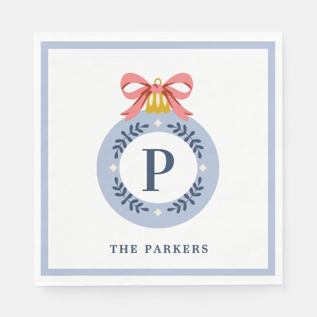 Servilleta De Papel Ornamento navideño de monograma azul (Anverso)