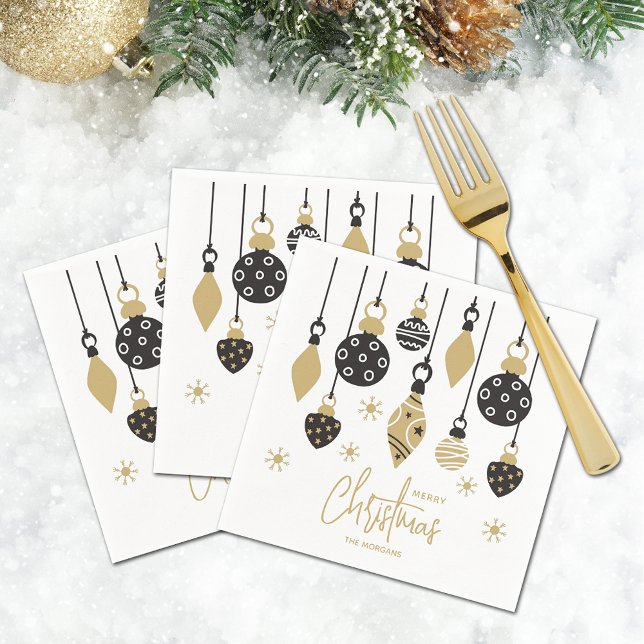 Servilleta De Papel Ornamentos de Navidad de moda Negro y Oro (Chic Merry Christmas tree ornaments on personalized cocktail napkins)
