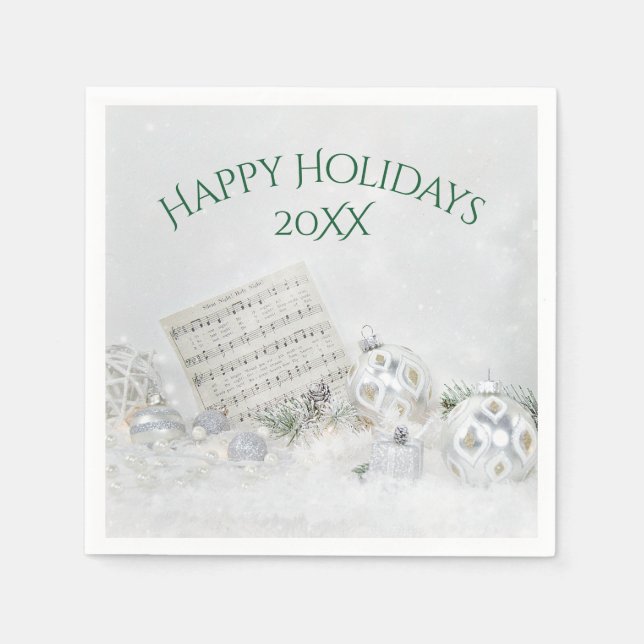 Servilleta De Papel Ornamentos De Plata Y Música navidad (Anverso)