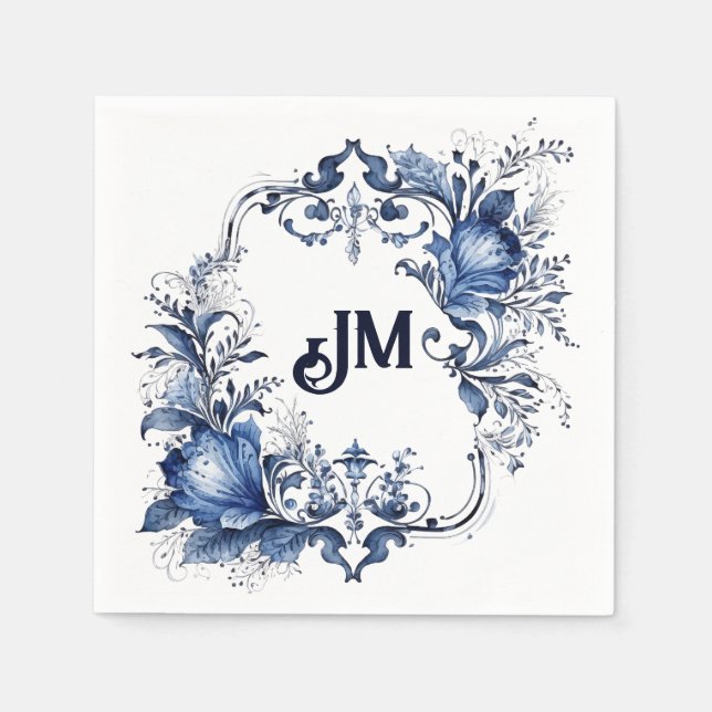 Servilleta De Papel Ornamentos Delft azules y blancos con flores (Anverso)