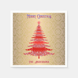 Servilleta De Papel Ornamentos modernos de nombre dorado rojo del árbo