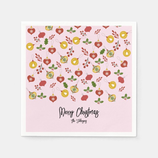 Servilleta De Papel Ornamentos navideños verde festivo rosa (Anverso)