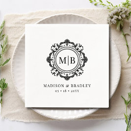 Servilleta De Papel Ornate Floral Monograma Boda Elegante Blanco Negro