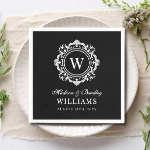 Servilleta De Papel Ornate Floral Monograma Boda Elegante Blanco Negro