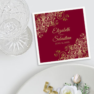 Servilleta De Papel Ornate Gold Curls Elegant Burgundy Boda
