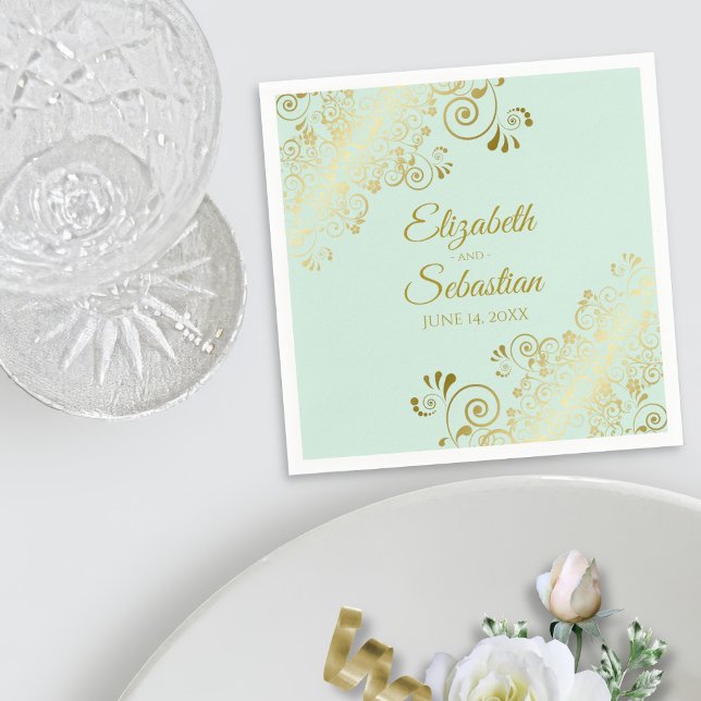 Servilleta De Papel Ornate Gold Filigree Elegante Mint Green Boda (In Situ with Plate)