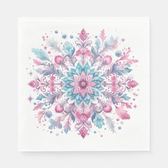 SERVILLETA DE PAPEL ORNATE PINK & BLUE WINTER HOLIDAY SNOWFLAKES (Anverso)