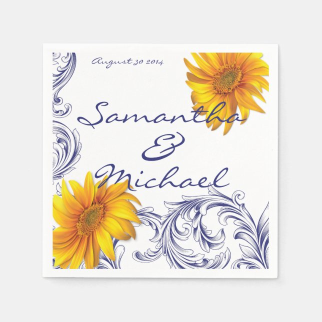 Servilleta De Papel Ornate Royal Blue Yellow Sunflowers (Anverso)