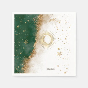 Servilleta De Papel Oro Celestial Sol Y Luna Estrellas Verde