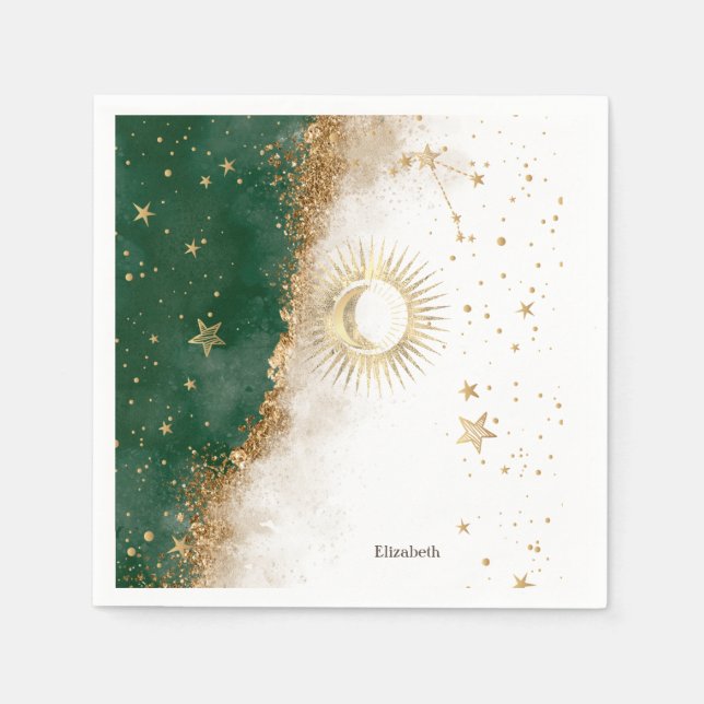 Servilleta De Papel Oro Celestial Sol Y Luna Estrellas Verde (Anverso)