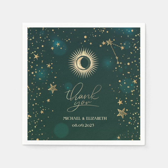 Servilleta De Papel Oro Celestial Sol Y Luna Estrellas Verde (Anverso)