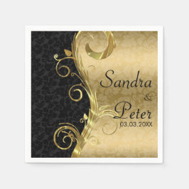 Servilleta De Papel Oro Metálico Y Damasco Negro - Guardar La Fecha