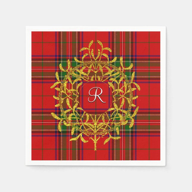 Servilleta De Papel Oro Mistletoe Stewart Plaid Monograma (Anverso)