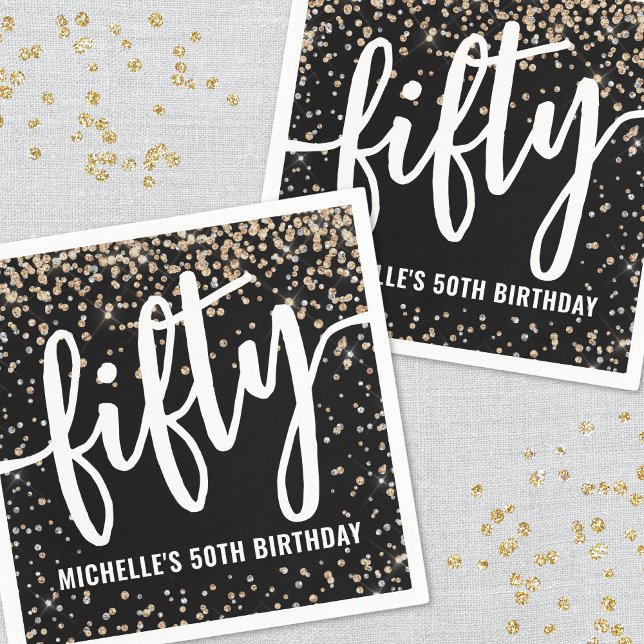 Servilleta De Papel Oro Negro Brillo Cumpleaños 50 (Black Gold Glitter 50th Birthday Napkins)