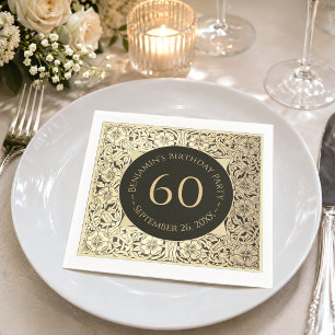 Servilleta De Papel Oro Negro Cumpleaños 60 Elegante Floral Vintage