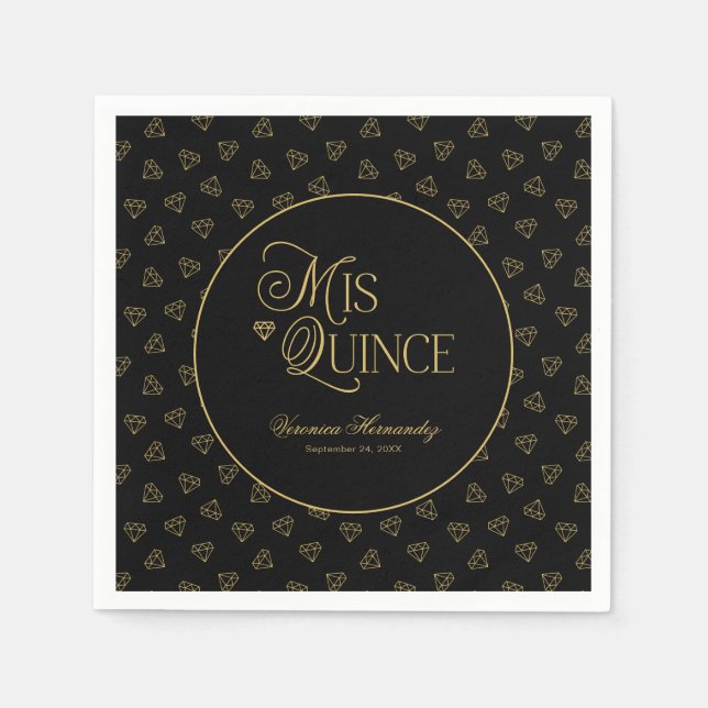 Servilleta De Papel Oro Negro Personalizado Mi Quince Quinceanera (Anverso)