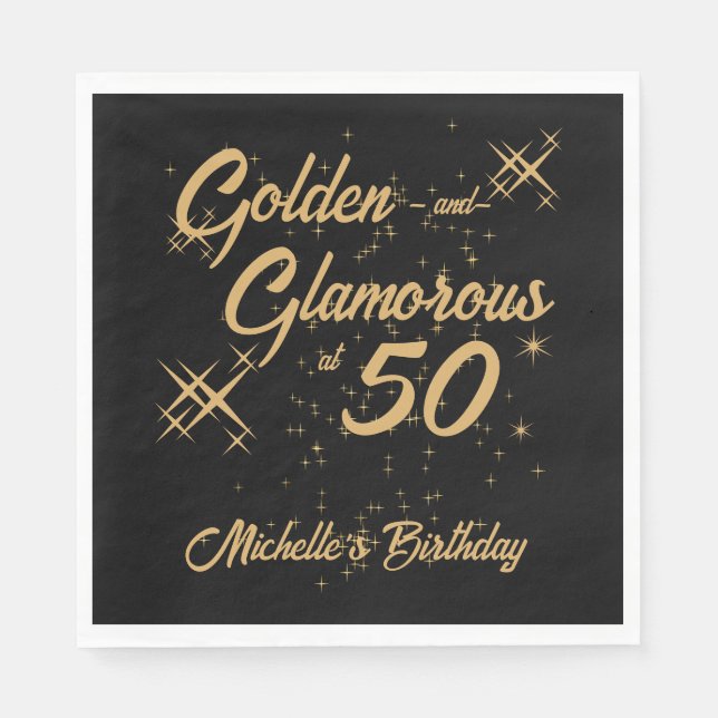 Servilleta De Papel Oro Negro Retro Glamuroso Cumpleaños 50 (Anverso)