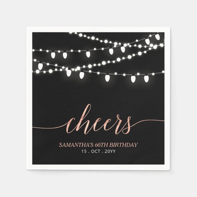 Servilleta De Papel Oro negro y Rosa | Elegante fiesta de cumpleaños p (Anverso)