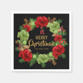 Servilleta De Papel Oro personalizado Rojo Negro Wreath Feliz Navidad