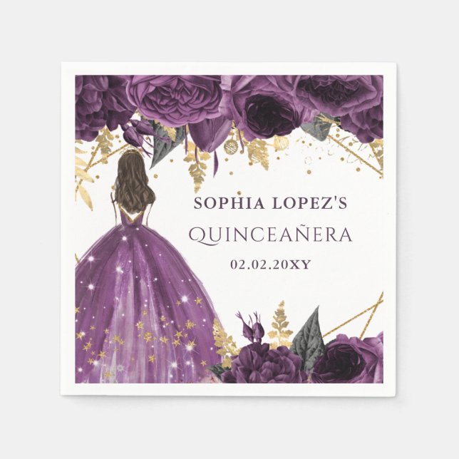 Servilleta De Papel Oro Purpura Floral Princesa Quinceanera  (Anverso)