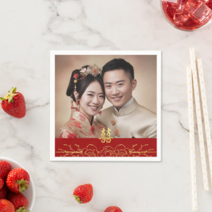 Servilleta De Papel Oro rojo floral foto de boda china doble xi