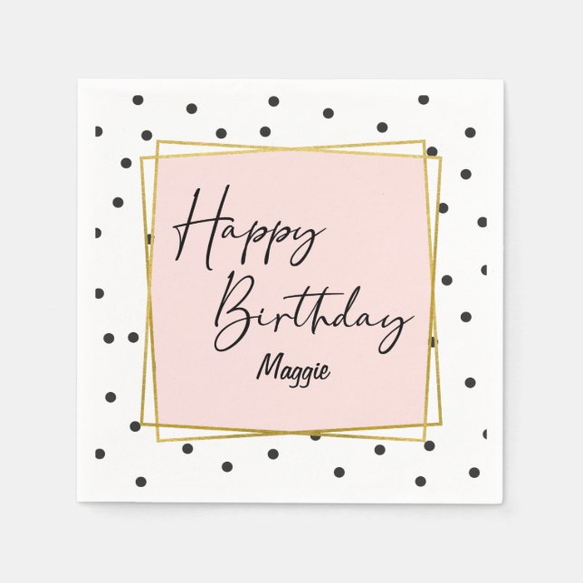 Servilleta De Papel Oro rosado y confetti negro le dan cumpleaños (Anverso)