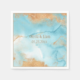 Servilleta De Papel Oro Turquesa Abstracto Nombre Boda moderno